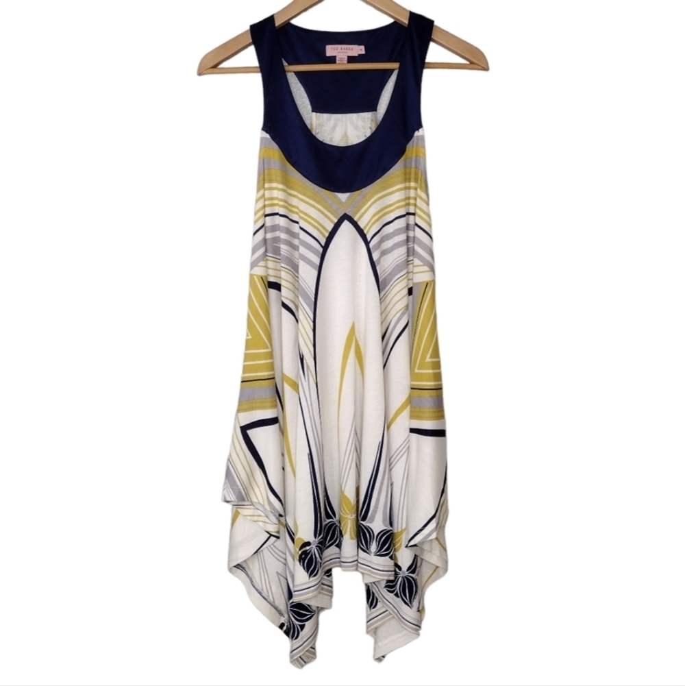 Ted Baker Navy, White & Yellow Graphic Handkerchief Hem Tank